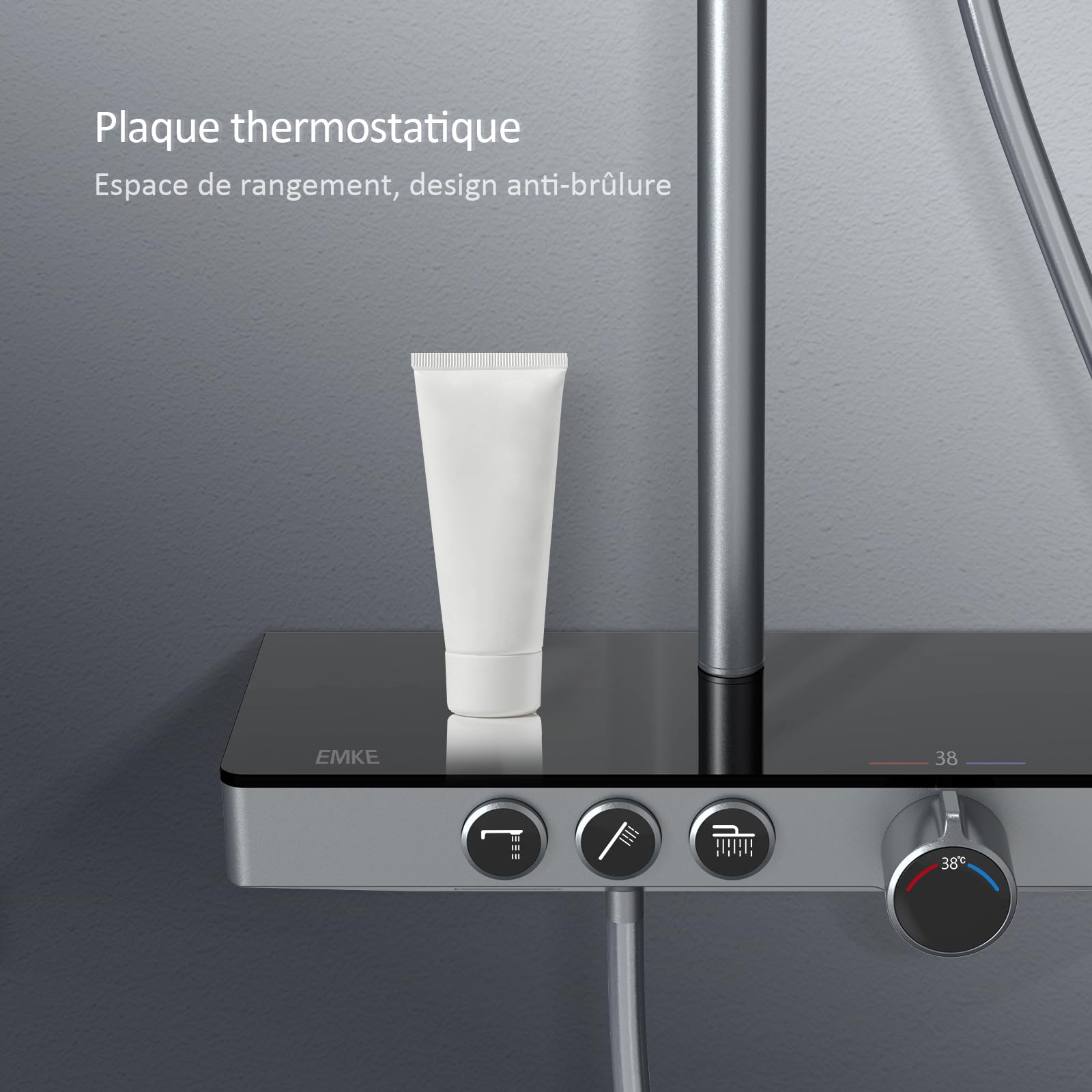EMKE Termostatyczna kolumna prysznicowa, antracytowa matowa, z termostatycznym prysznicem i prysznicem ręcznym, 3 tryby strumienia, panel termostatyczny 36 cm, prysznic deszczowy 30 cm, certyfikat KTW