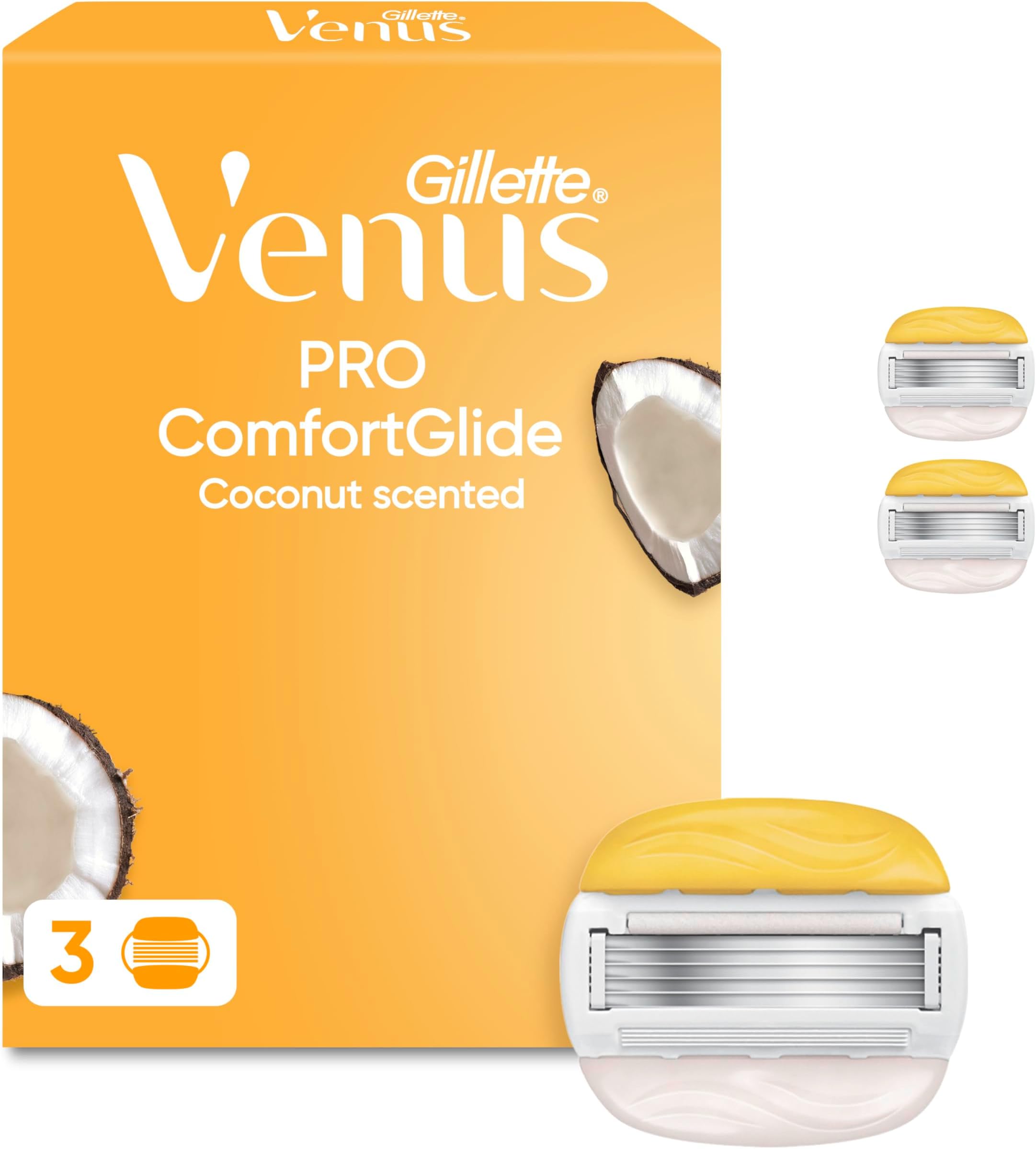 Venus Pro ComfortGlide Razor Blade Refills for Women, 3 Count - Coconut Scented Blades, Olay Moisture Bars, Smooth Close Shave