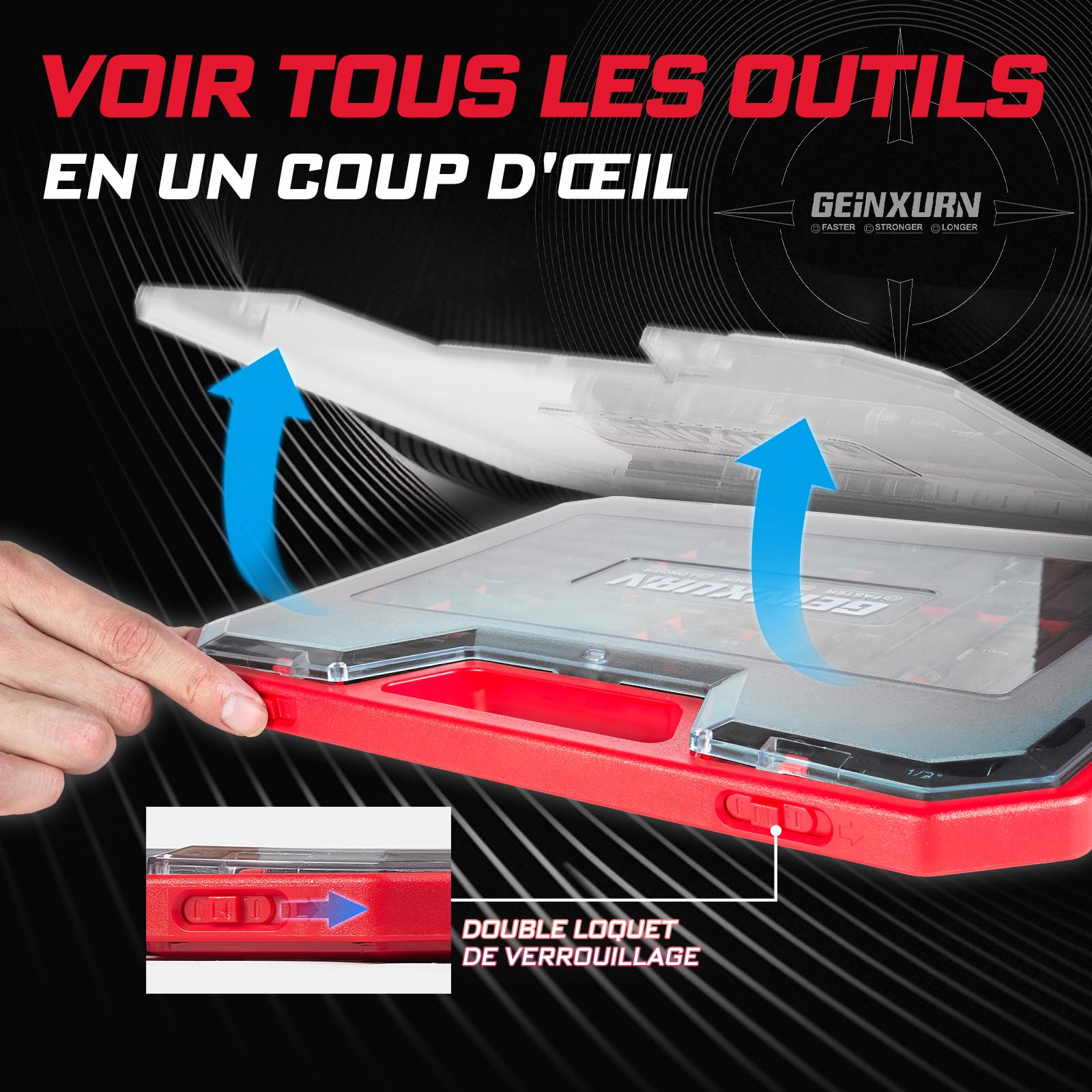 Geinxurn Lot 58 Pièces Set Embouts Tournevis Anti-Choc, Incl. Jeu Embouts Acier S2 (PH/PZ/TORX/HEX), Mini Cliquet, Perceuse Étages, Adaptateur Douille, Porte-Embouts Magnétique, Boîte Rouge