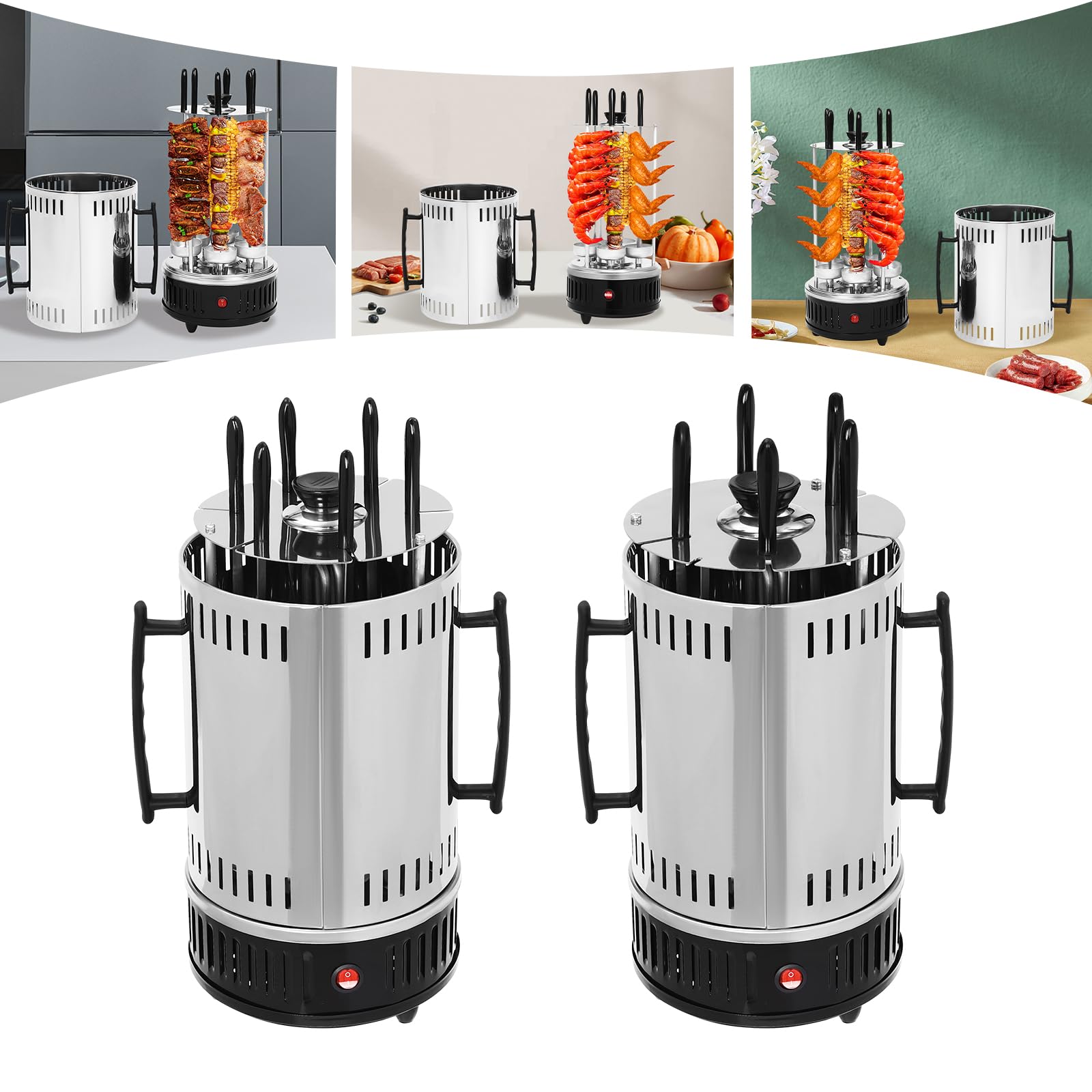 Pionowy grill elektryczny z 5/6 szpikulcami | automatyczna rotisseria 1000 W | niski poziom dymu i zdrowy | na rodzinne posiłki lub do gastronomii | stal nierdzewna | łatwy do czyszczenia