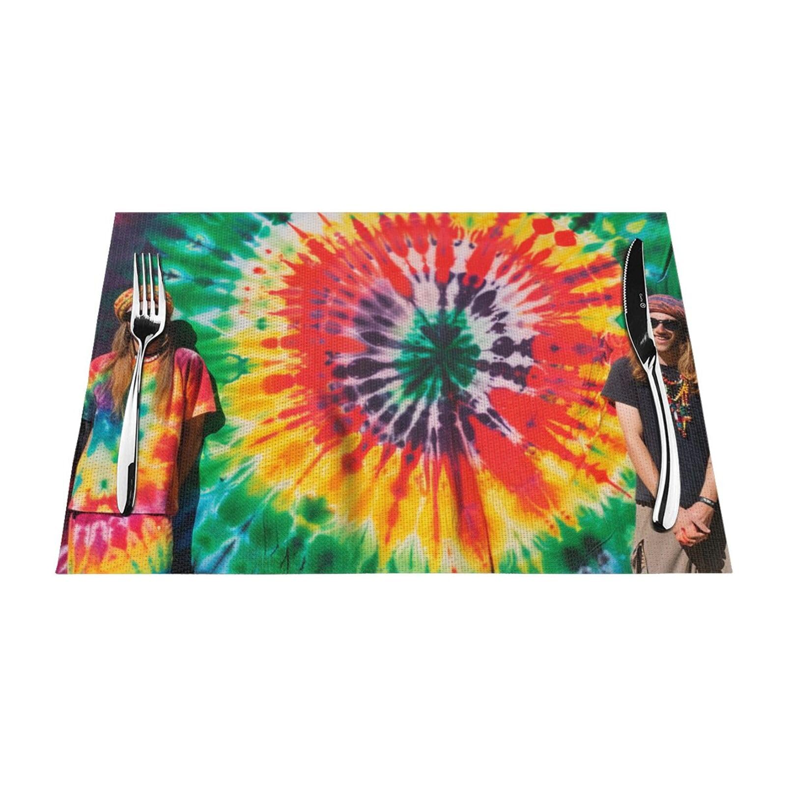 Tie Dye Hippies Printed PVC Placemat 1 PCS for Kitchen Dining Table Heat-resistand Washable Table Mats 18x12 in