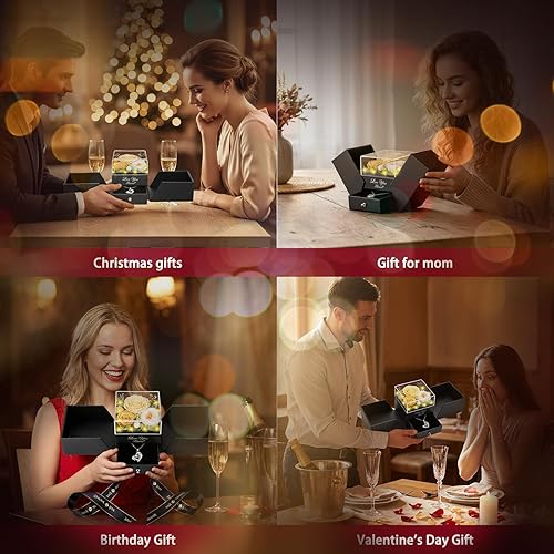 Miniatura 7 de DRTINA Collar de tres rosas champán reales preservadas con alas de ángel "I Love You", flores eternas, regalos de cumpleaños para mujeres, esposa