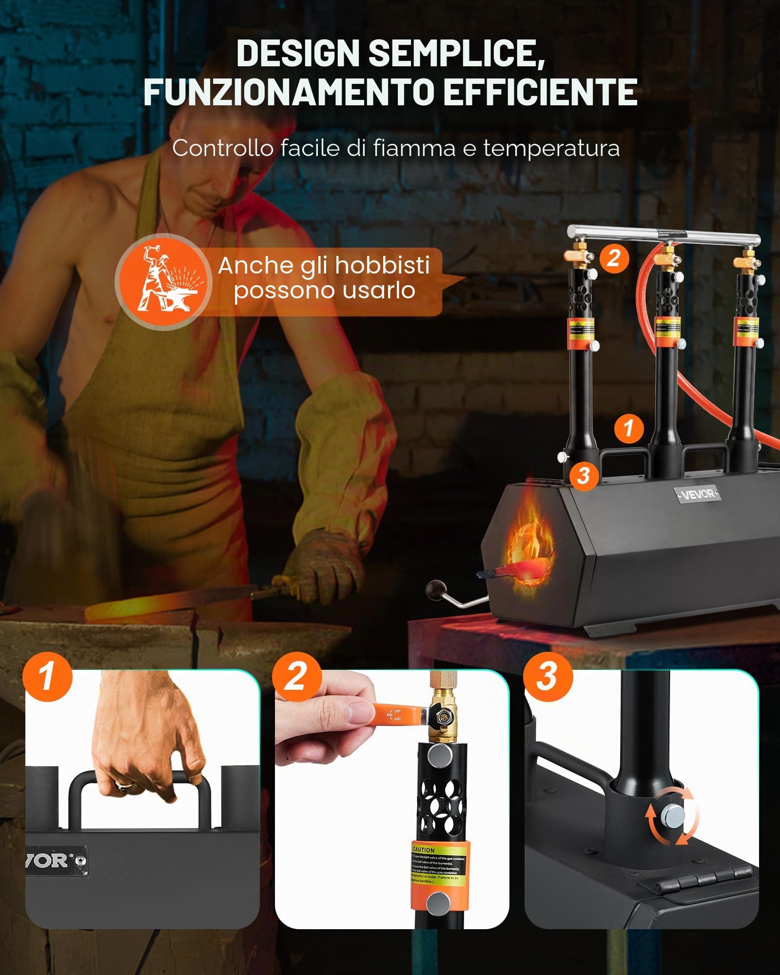 VEVOR Forgia Portatile a Propano con 3 Bruciatori, Forno a Gas Max. 1427℃ per Fabbricazione di Utensili Coltelli Metalli, Forgiatura e Maniscalco, Forno Esagonale in Acciaio Laminato a Freddo