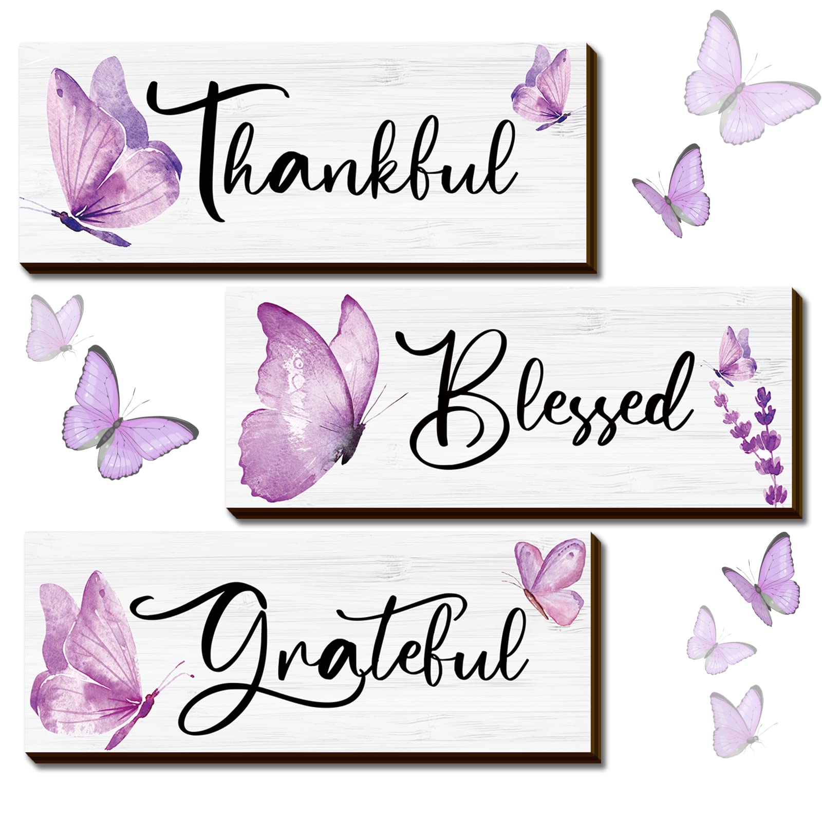 Gerrii 3 Pcs Purple Butterfly Wall Decoration Thankful Grateful Blessed Wooden Signs Inspirational Butterfly Wall Art Lavender Flower Gift for Kitchen Hanging Wedding Room Bathroom Bedroom