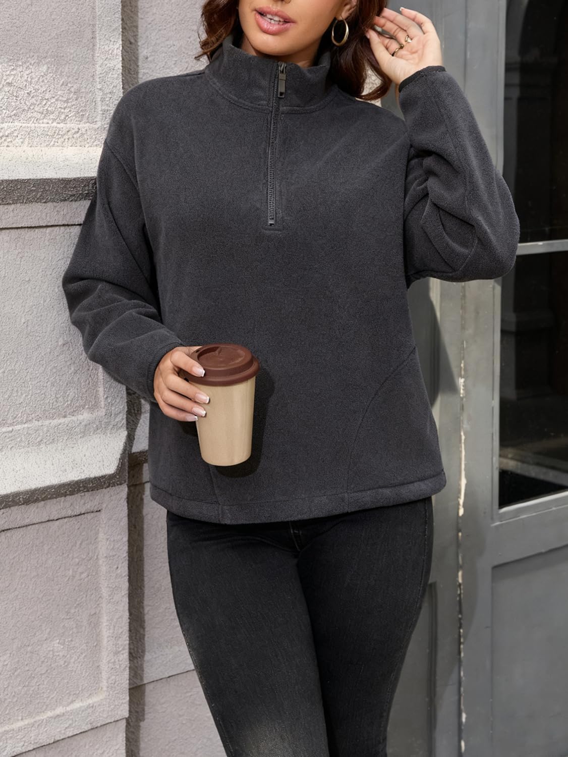 ZFLM Women's Classic Slim-Fitting Half-Zip Fleece Jacket Long-Sleeved Short Winter Coat With Pockets - Image 6