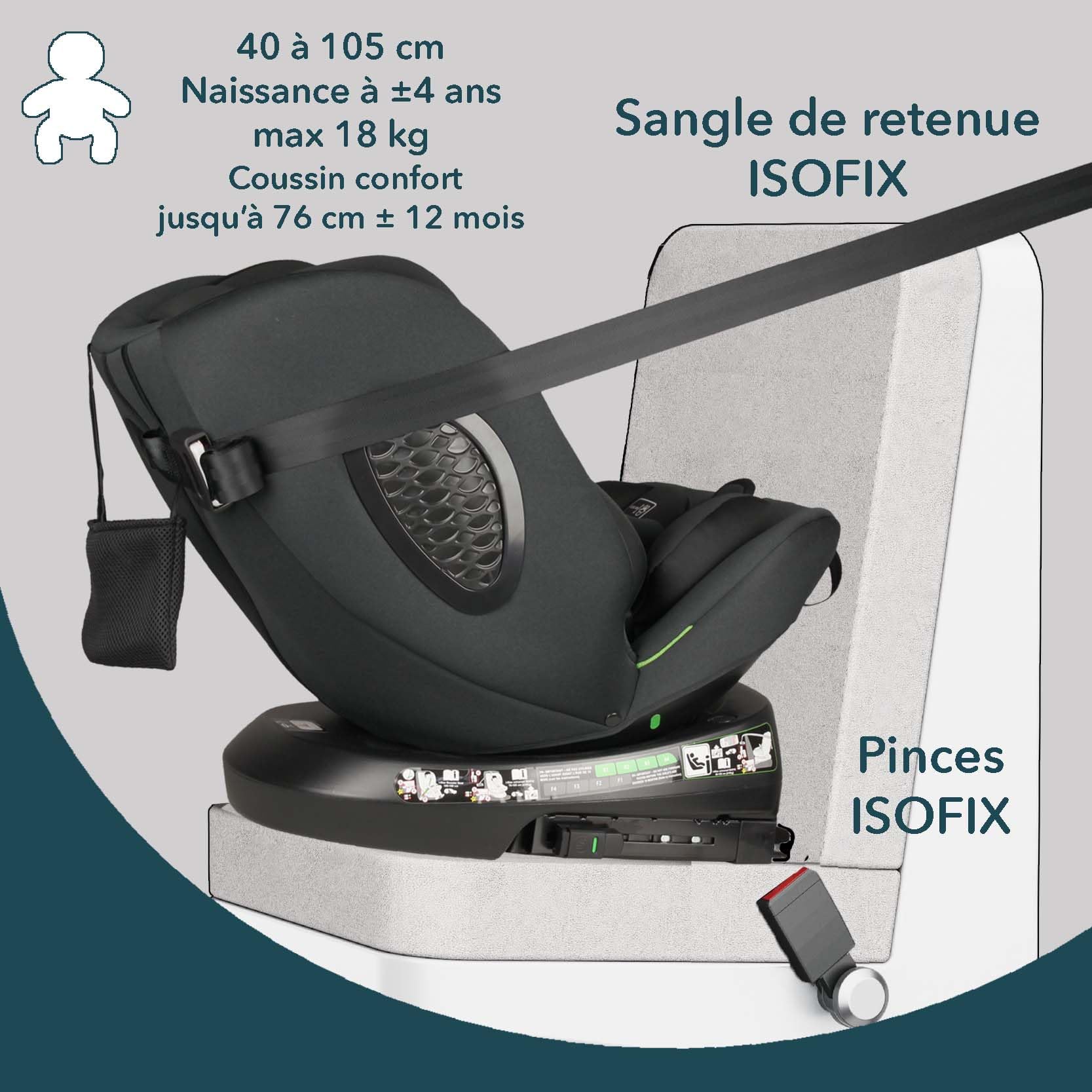 Bambisol - Siege Auto Rotatif 360° - Evolutif Rehausseur - Isofix I-Size ECE129/03-40cm (Naissance) à 150 cm (environ 12 ans - 36 kg)