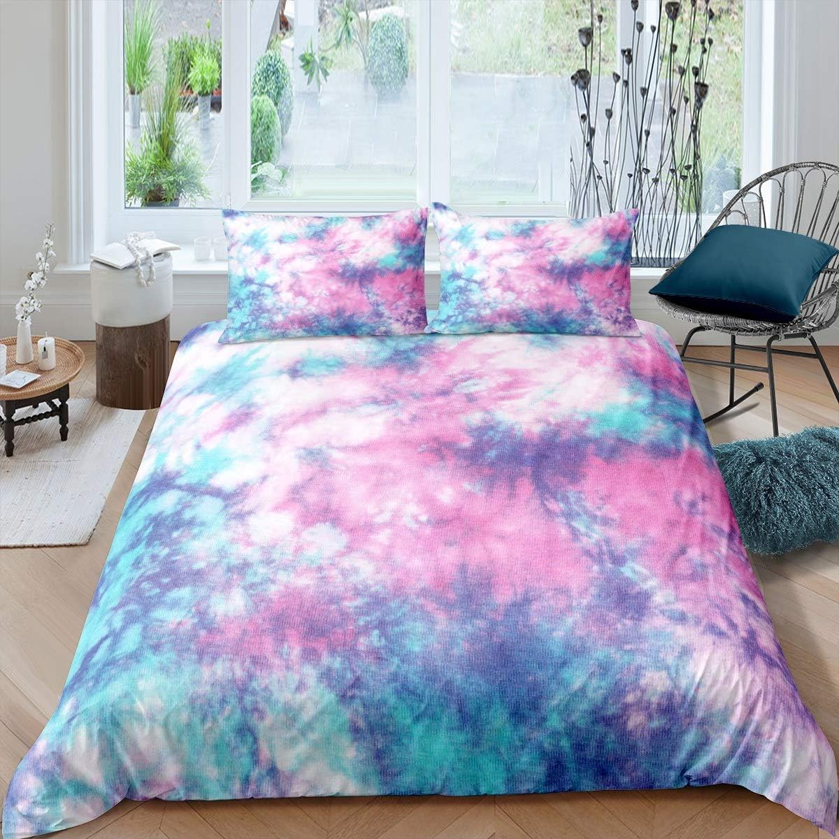 Feelyou Girls Tie Dye Duvet Cover Boho Hippie Tie Dye Bedding Set for Kids Women Bohemian Gypsy Decor Comforter Cover Chic Purple Blue Bedspread Cover 3Pcs Zipper Queen Size Multi 1035 Queen