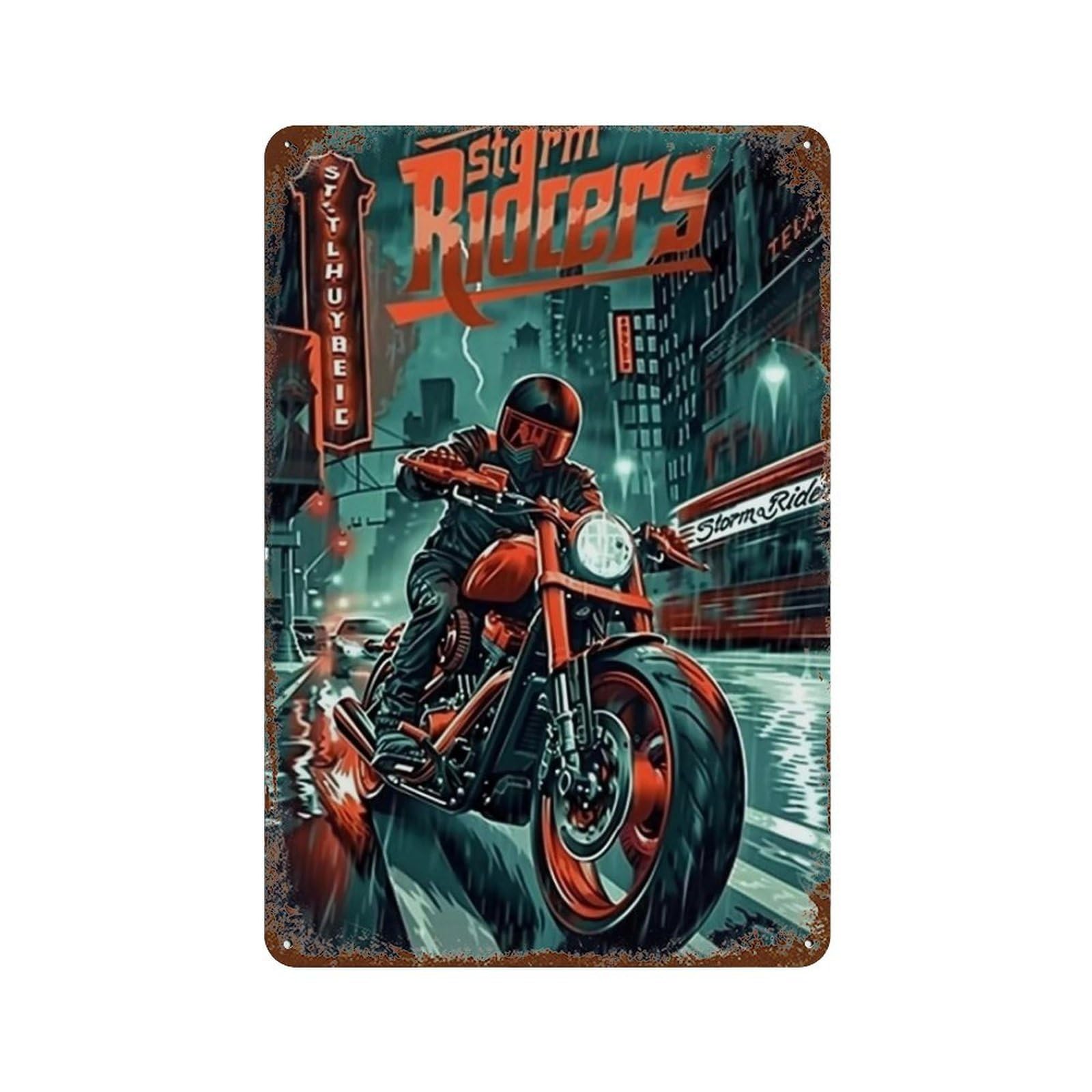 YHGERTKU Storm Riders Rainy City Lightning Biker 04 Wall Art Retro Iron Vintage Metal Tin Sign Poster Modern Decor for Living Rooms Gift 30x20cm