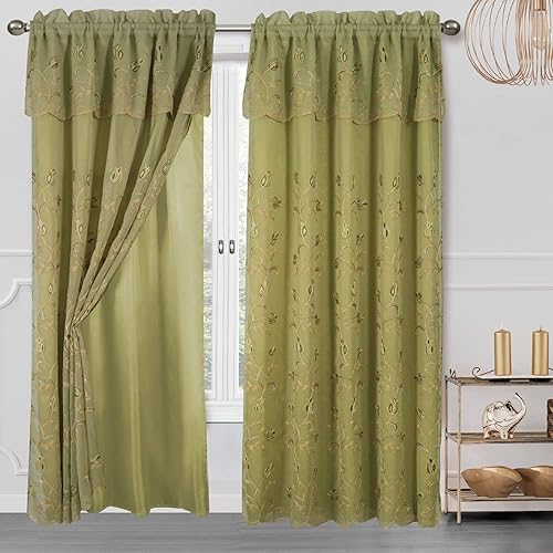 Cecilia - Panel de bordado floral con cenefa y respaldo, color verde salvia, 54 x 84 pulgadas