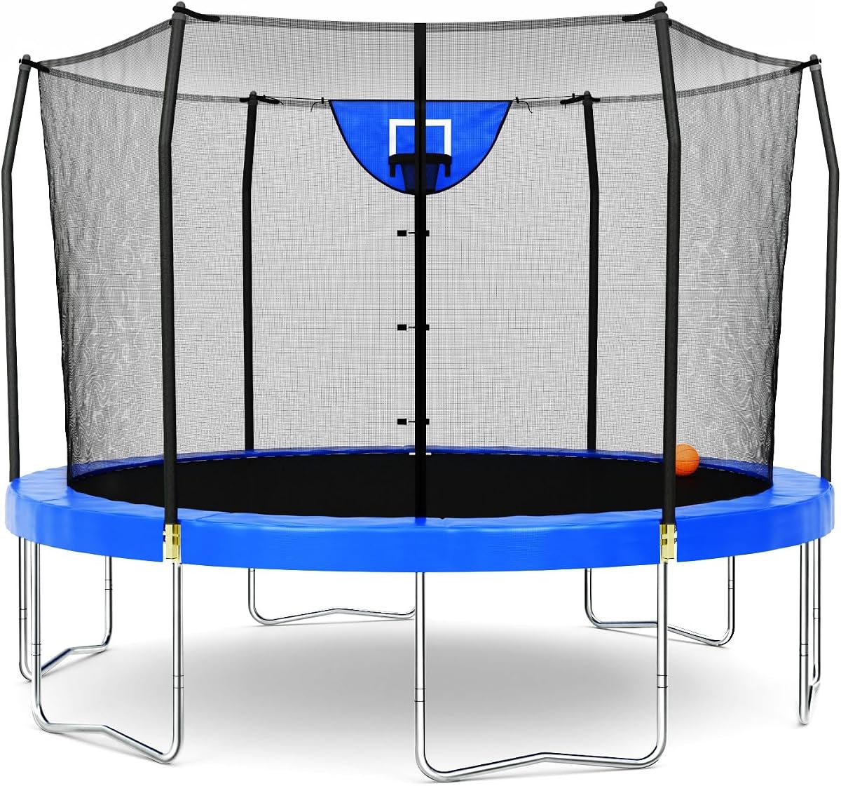 Trampolín Skywalker para exteriores de 8 pies, 12 pies, 15 pies, trampolín redondo Jump N' Dunk para exteriores con red, tapete para trampolín y aro de baloncesto para trampolín