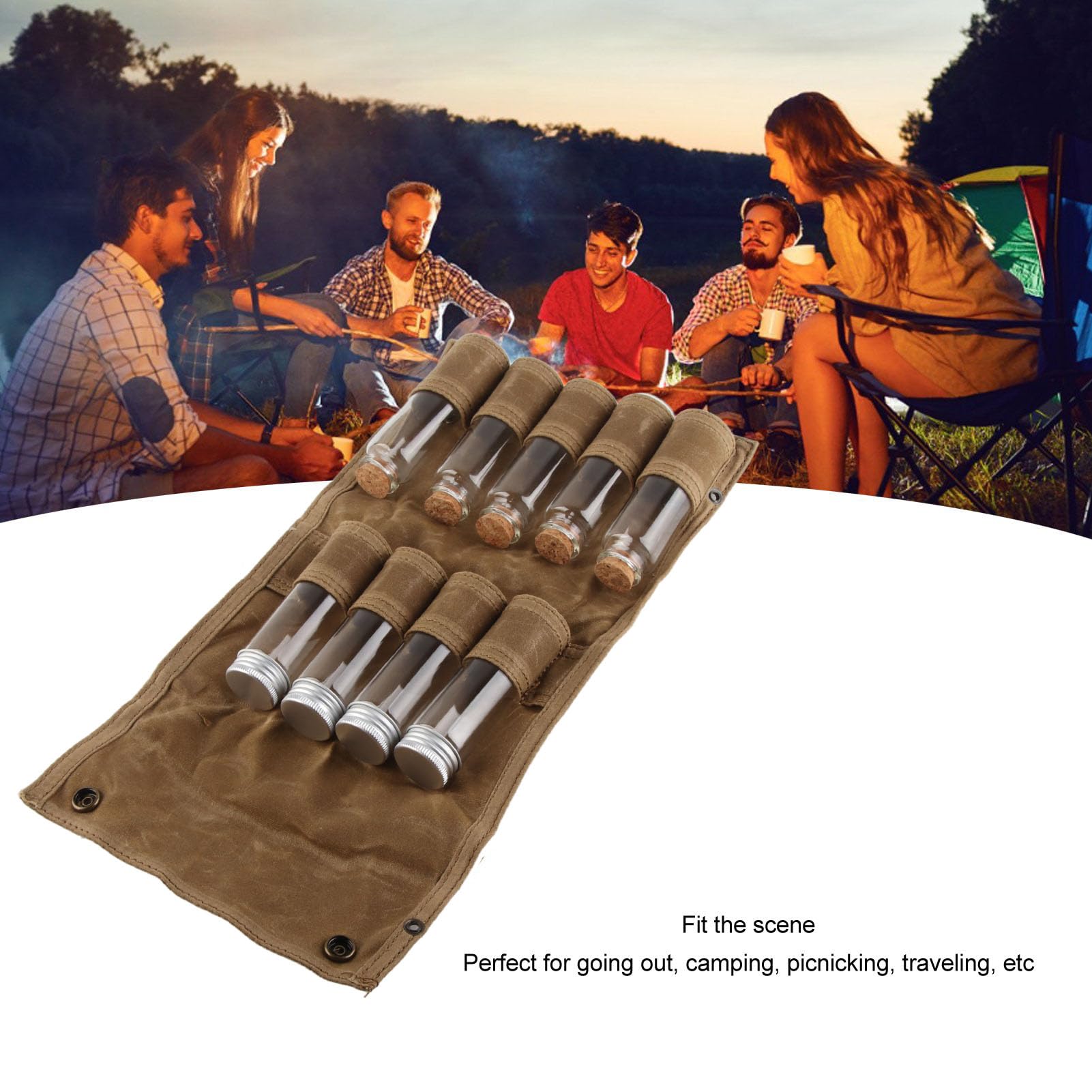 Plplaaoo Kit Spezie Da Viaggio E Campeggio - Borsa In Tela Con 9 Contenitori In Vetro Per Condimenti - Portatile Per Barbecue E Picnic (Cachi) - 2