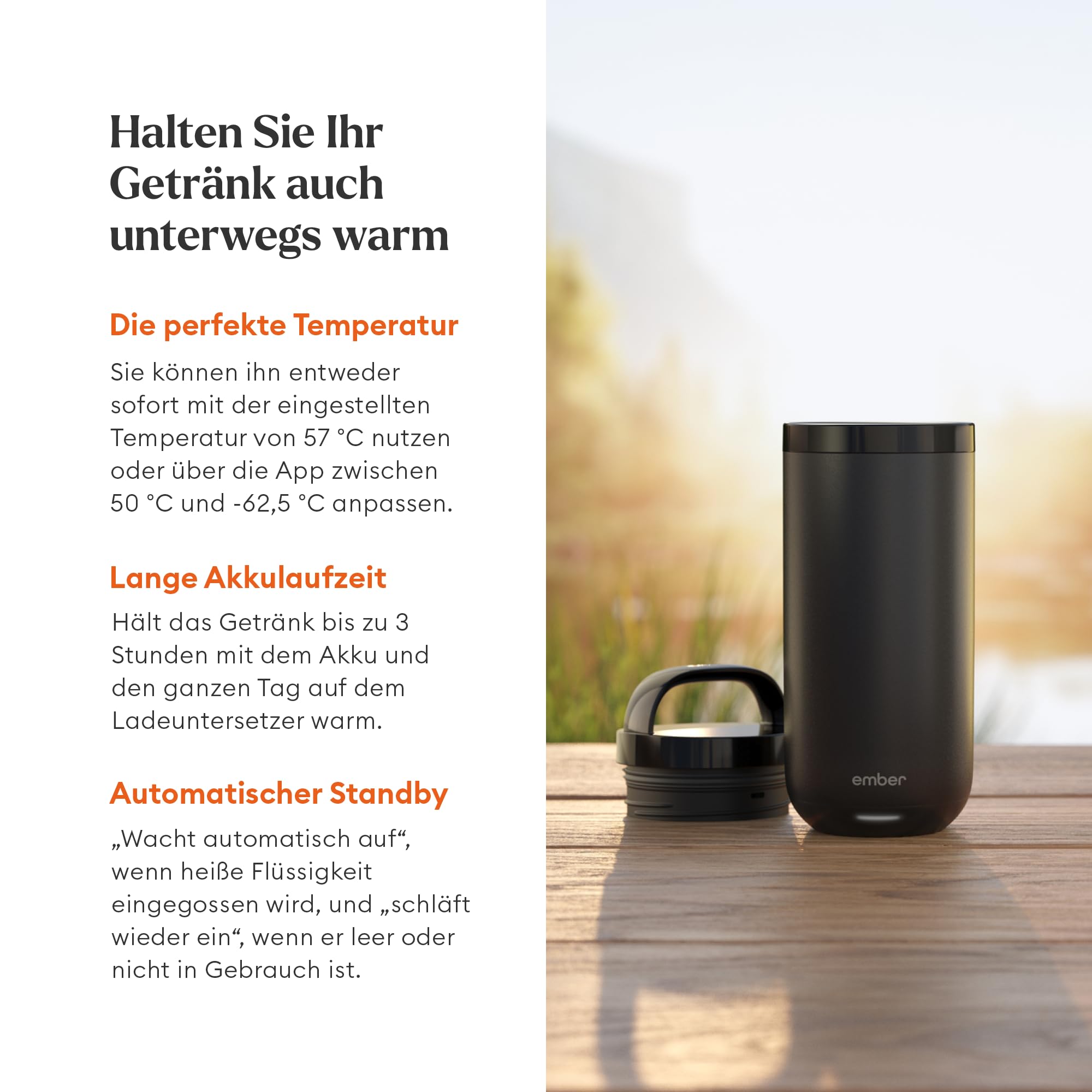 Ember Smart Tumbler mit Temperatureinstellung – 473 ml, per App steuerbar, wiederaufladbarer Reisebecher – Edelstahl-Thermoskanne mit auslaufsicheren Deckeln – 3-Stunden-Akku, Schwarz