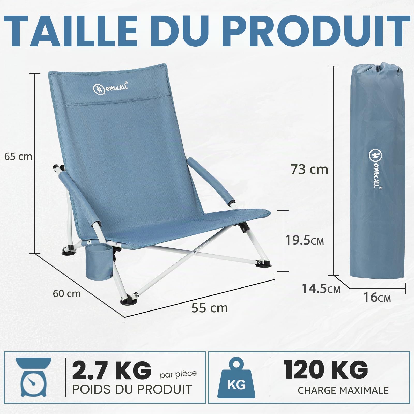 Homecall Chaise de plage pliante, légère, basse, avec dossier confortable, accoudoirs rembourrés, jusqu'à 120 kg, pour plage, jardin (1 pièce)
