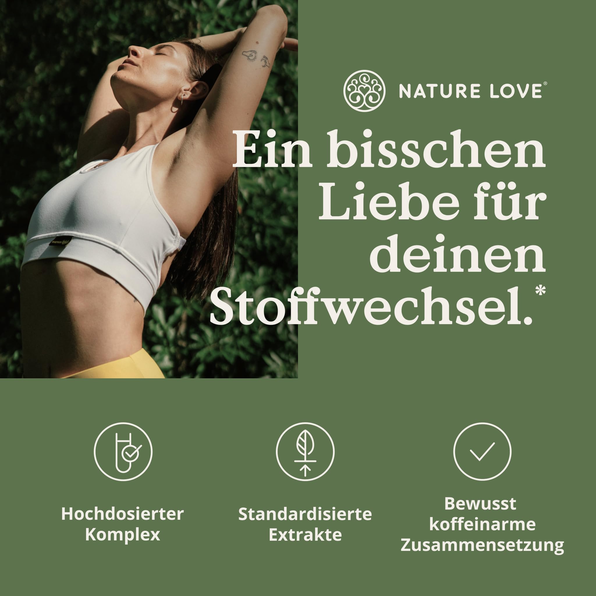 NATURE LOVE® Stoffwechsel Komplex – 120 Kapseln – Grünteeextrakt, Zink, Chrom, Vitamin B6, Cayennepfeffer und Cholin – hochdosiert, vegan
