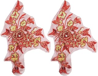 2Pcs Red Lace Flower Applique 3D Floral Embroidery Appliques Sequin Beaded Embroidered Rhinestone Sew on Tulle Repair Patches Bulk for Sewing Making Cloth Dress Wedding Gowns Costume Bridal