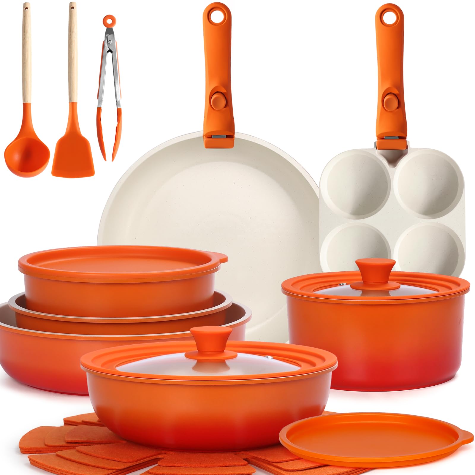 GIPP 21PCS Plus Pots and Pans Set Non Stick,Nonstick Cookware Set Detachable Handle,Pots for Cooking Non Stick with Removable Handle,RV Cookware Set,Orange Gradient