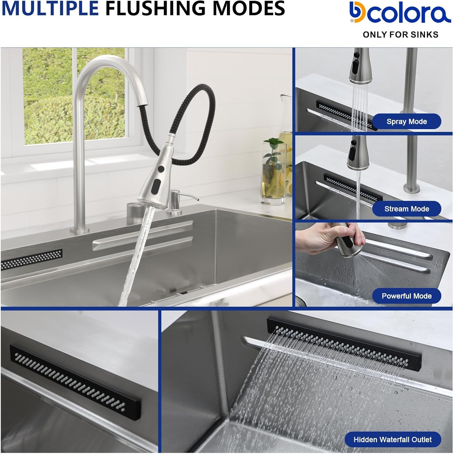 Dcolora 36 In. Smart Drop In Waterfall Kitchen Sink Single Bowl Multifunctional Workstation with Faucet, 16 Gauge 304 Stainless Steel, 36" x 22" x 10" #DC-SFDOE00024