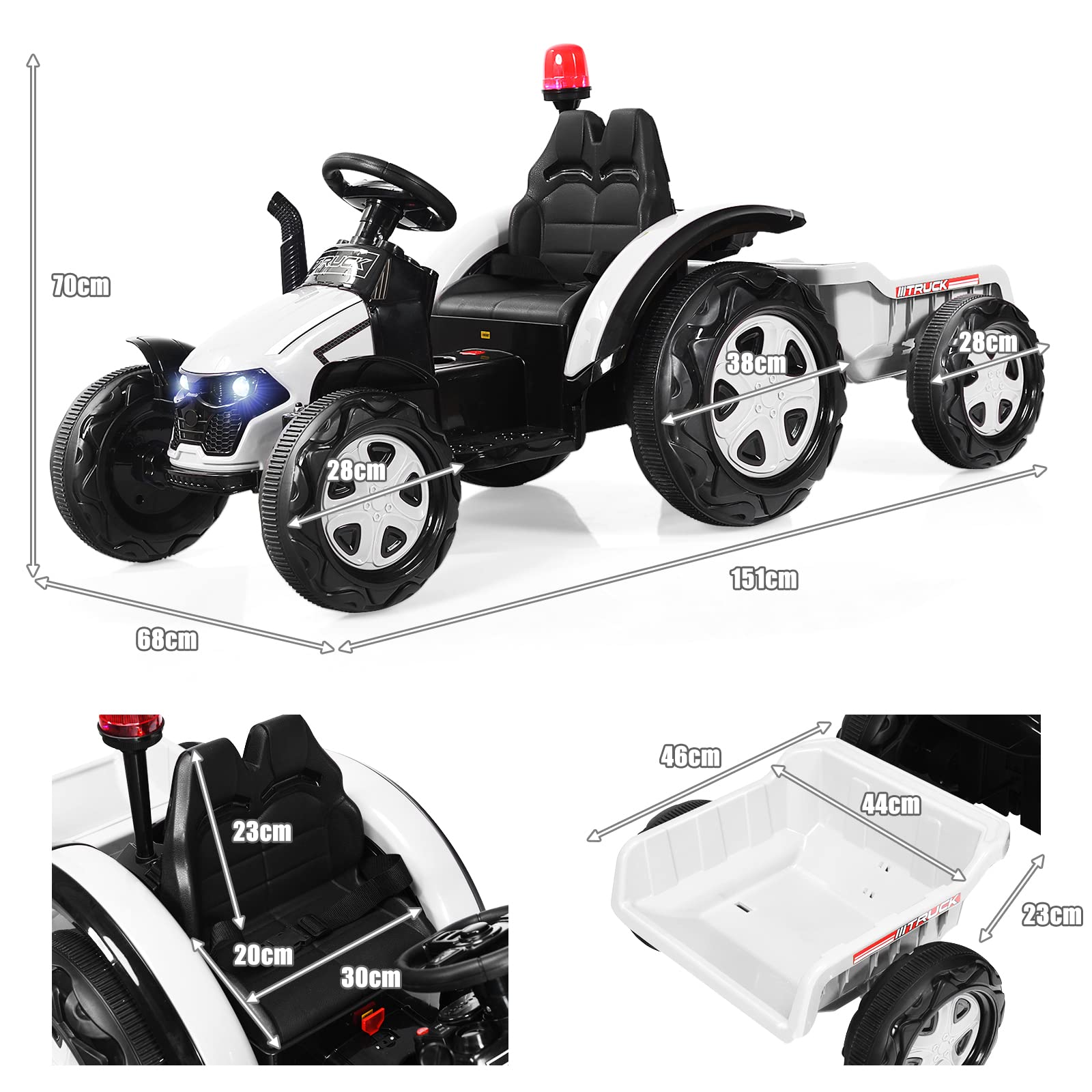 GOPLUS Traktor elektryczny dla dzieci w wieku 3-8 lat, 12 V, z pilotem zdalnego sterowania 2,4 G, zdejmowaną przyczepą, reflektorem, odtwarzaczem MP3, portem USB, lampką ostrzegawczą, traktorem