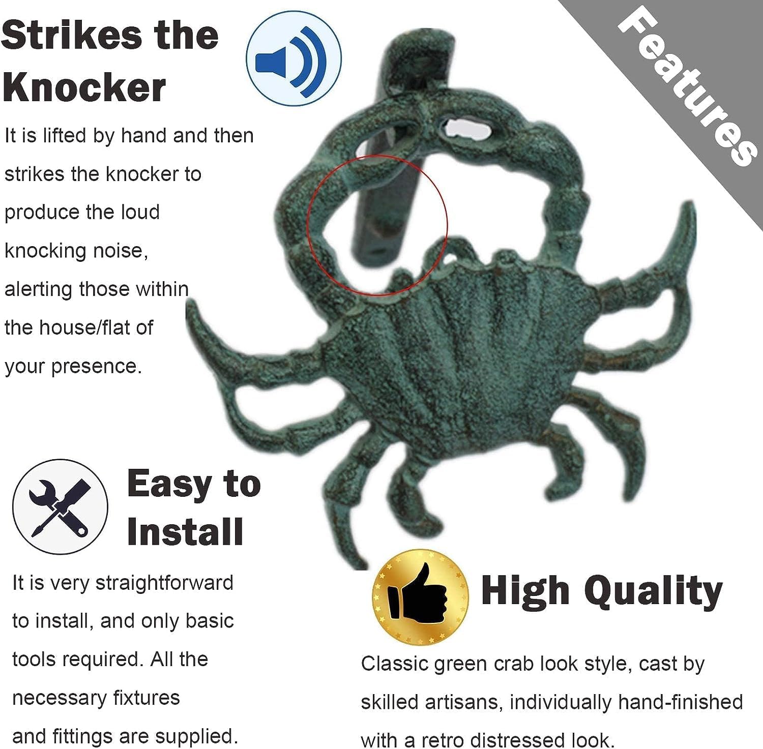 Door Knocker, Door Knocker Cast Iron Crab Door Knocker, Green Crabs Gate Knockers, Vintage Coastal Crab Shaped Handle, Classy Vacation Home Front Door Pull Ring