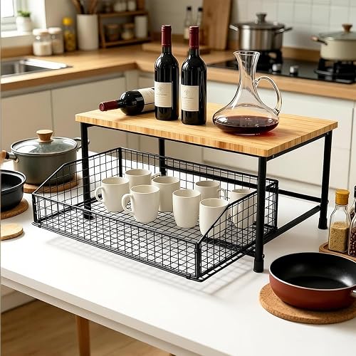HYLMMDA Small Microwave Stand for Countertop - Foldable Kitchen Organizer Shelf with Storage Basket, Black