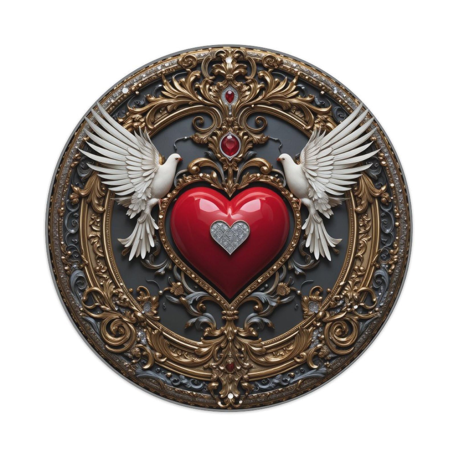 Ornate Heart Doves Gold Round Tin Sign Vintage Metal Poster, Home Bar Garage Man Cave Cafe Indoor & Outdoor Wall Decoration 8x8Inches