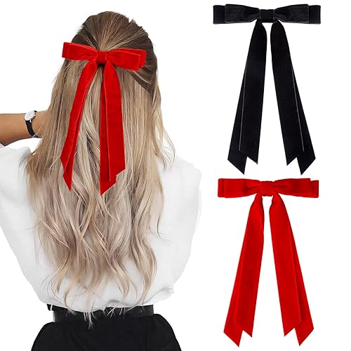 2 lazos de terciopelo para el cabello, pinzas para el cabello, accesorios negros y rojos, accesorios para cola de caballo, clips de metal, lazo para