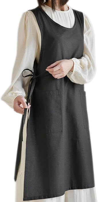 Womens Cross Back Cotton Japanese Pinafore Apron with Pockets
