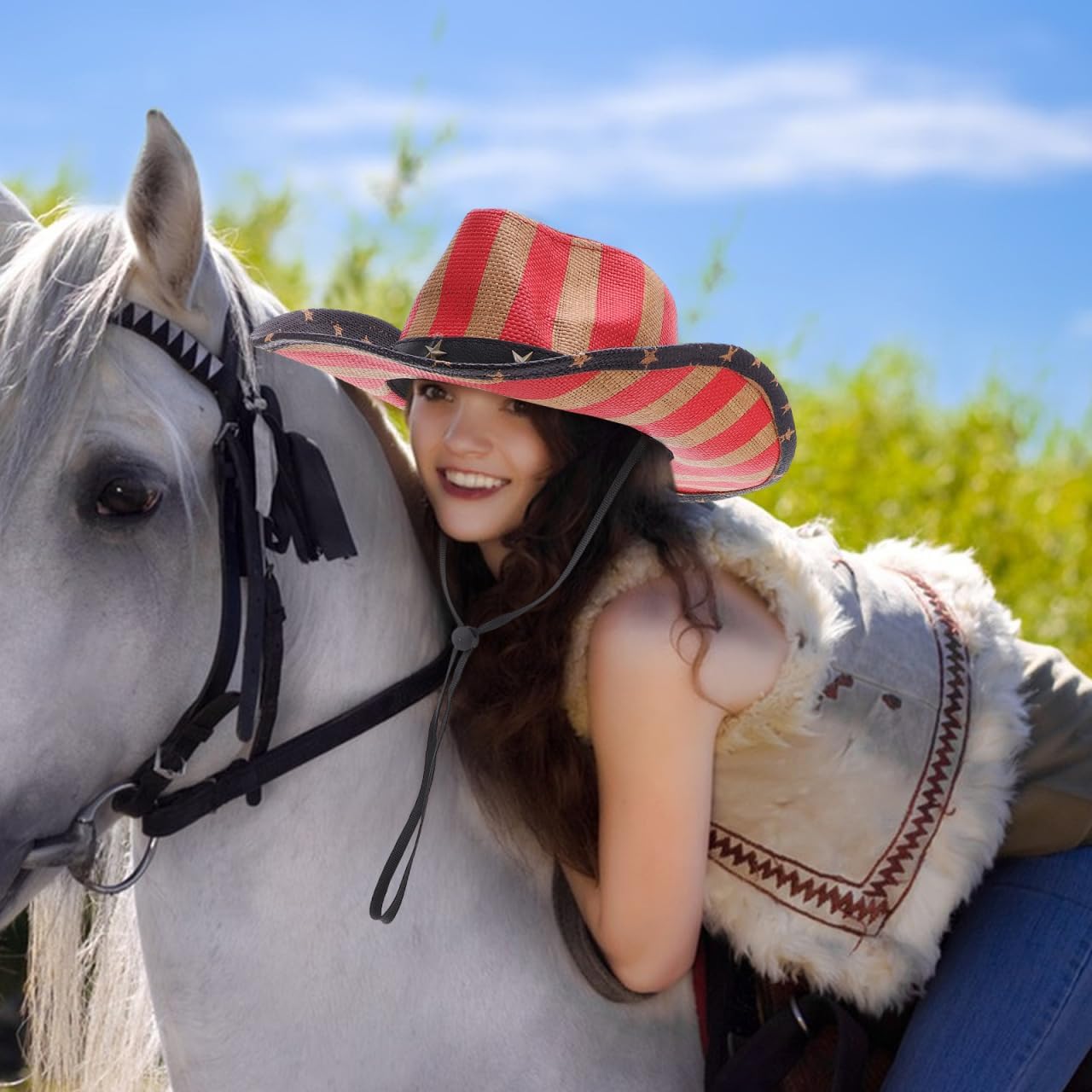 American Flag Cowboy Hat Wide Brim Straw Patriotic Sun Hat for Men Women Vintage Western Style Perfect for Fourth of July Outdoor Activities - Image 2