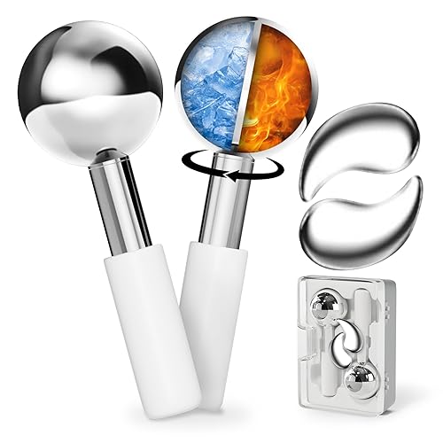 Globos de hielo giratorios para la cara con almohadilla refrescante adjunta, globos de acero inoxidable irrompibles con estuche de transporte,