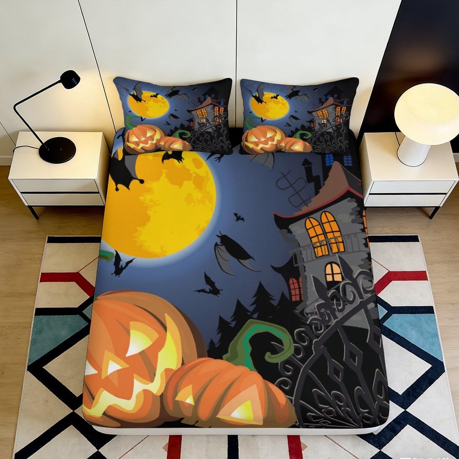 3D Printed Halloween Pumpkin Fitted Sheet Microfiber Soft Breathable Haunted House Bed Cover for Bedroom Guest Room Decor 90x200x25cm