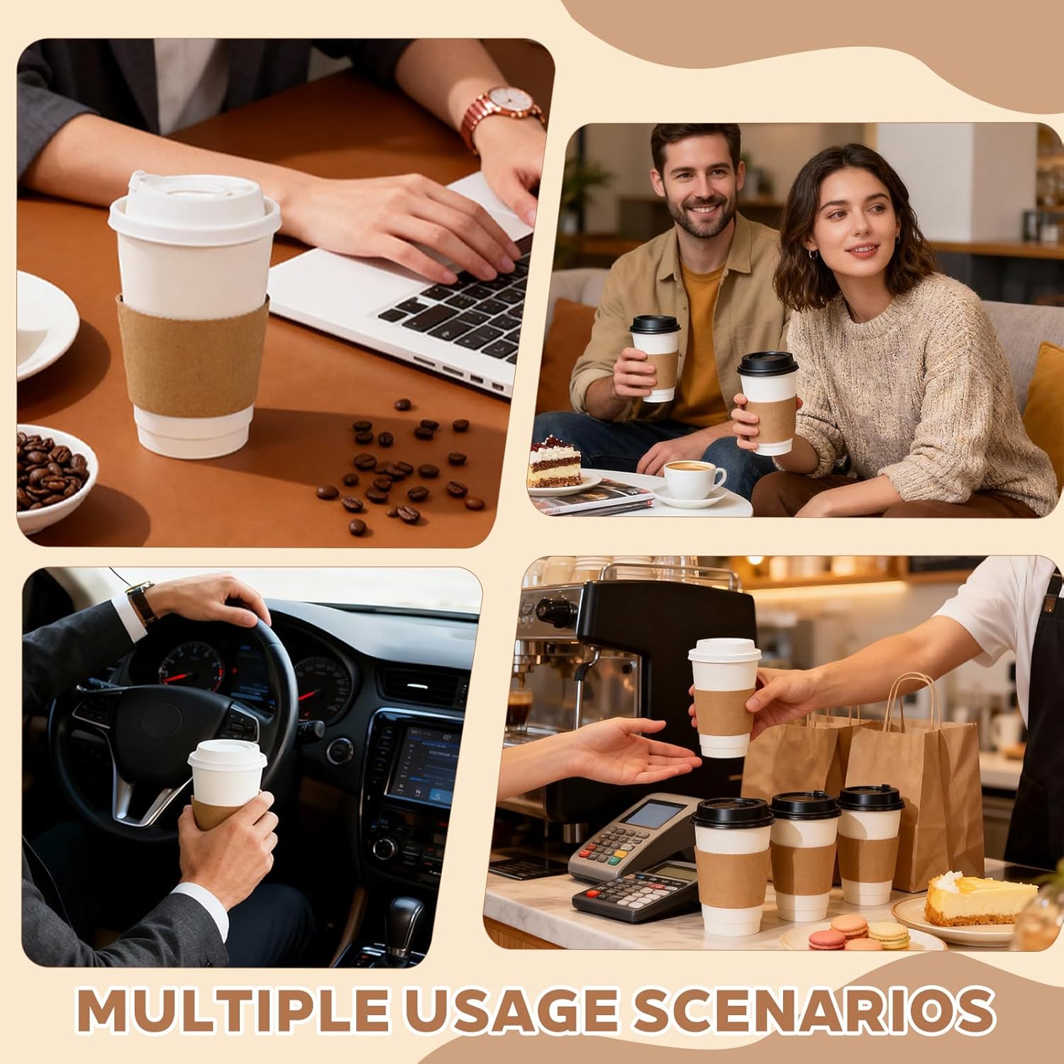 300 Pack Kraft Paper Coffee Cup Sleeves Disposable, Cardboard Cup Sleeves for Hot Drinks & Cold Drinks, Fit 10-20 oz Cups