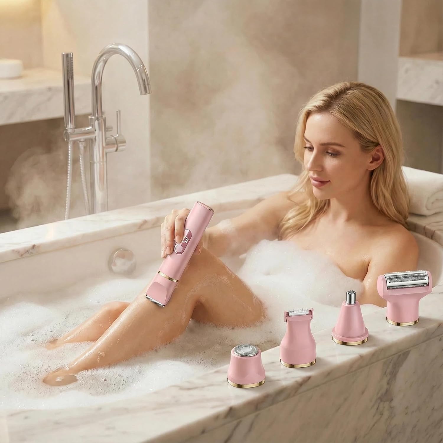 5-in-1 Rasierer Damen, Elektrisch Intimrasierer für Frauen, Bikini Trimmer Damen für Körper Intimbereich mit LED-Anzeige, IPX7 wasserdicht Wiederaufladbar USB-Ladestation, nass & trocken (Rosa) - 5