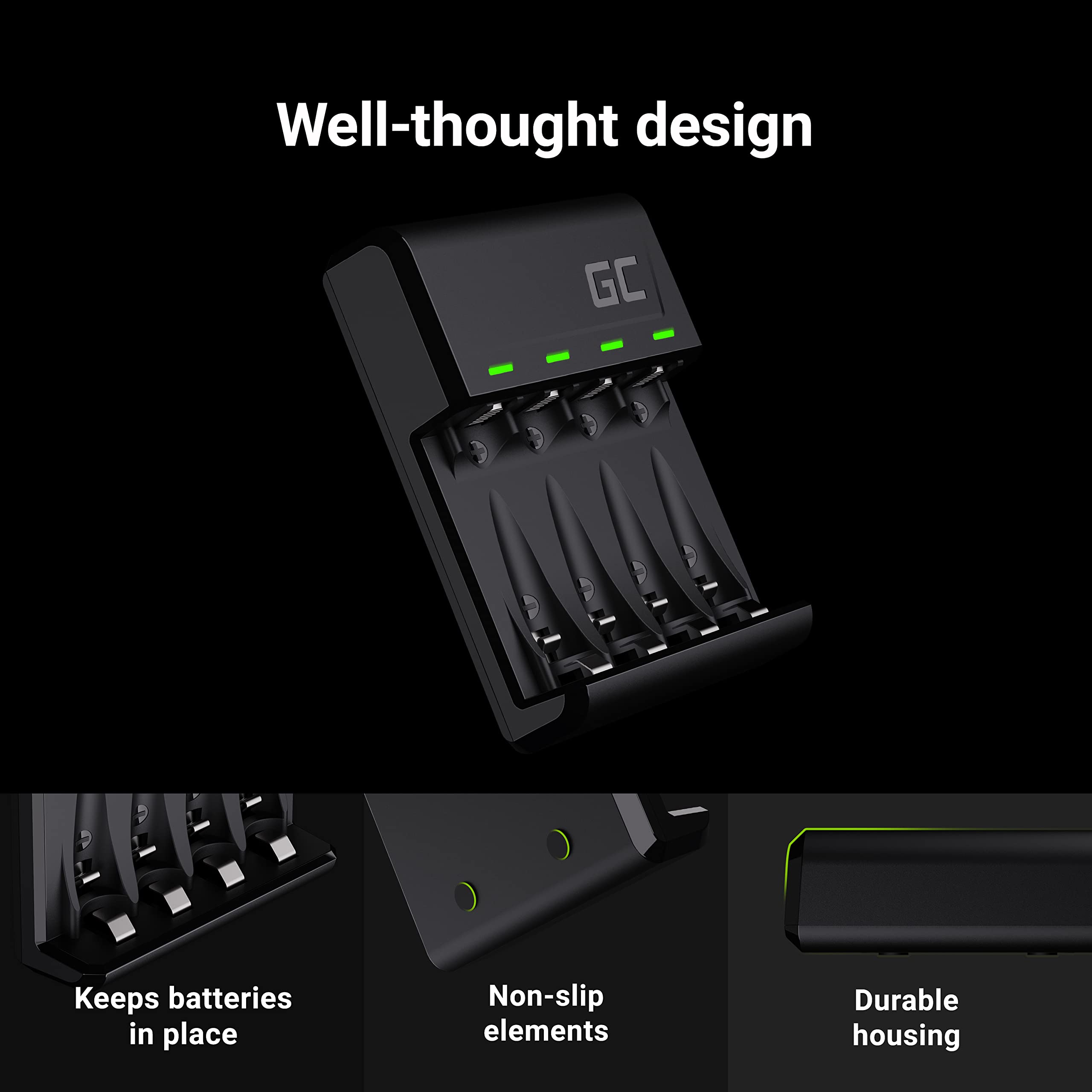 Green Cell VitalCharger - Caricatore + 2 Batterie AA 2000 mAh + 2 Batterie AAA 800 mAh per NI-MH AA AAA R6 R03 Mignon con Micro USB-C. Sistema di Ricarica a 4 Canali - Ricarica da 1 a 4 AA o AAA, LED