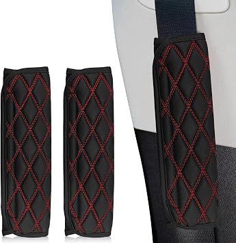 2PCS Car Seat Belt Cover Pad, PU Leather Double Color Line Lattice Shoulder Guard, Car Decoration Accessories Soft Seatbelt Cushion Protect Shoulder and Neck for Most Cars Trucks SUVsBlack/Red