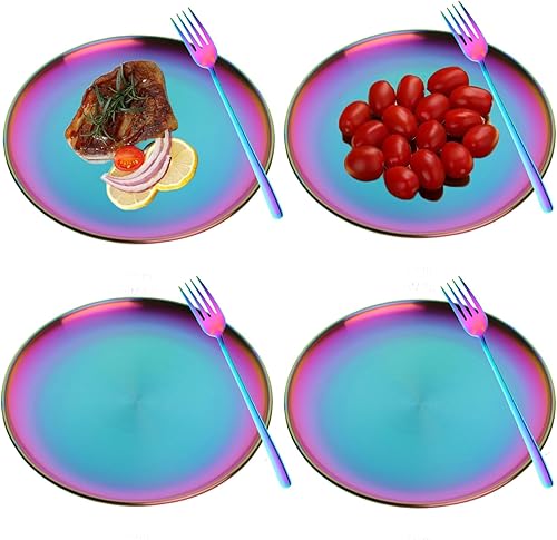 Rainbow - Juego de 8 platos llanos de acero inoxidable con tenedor, coloridos platos de ensalada de postre de metal para cenar, acampar, platos