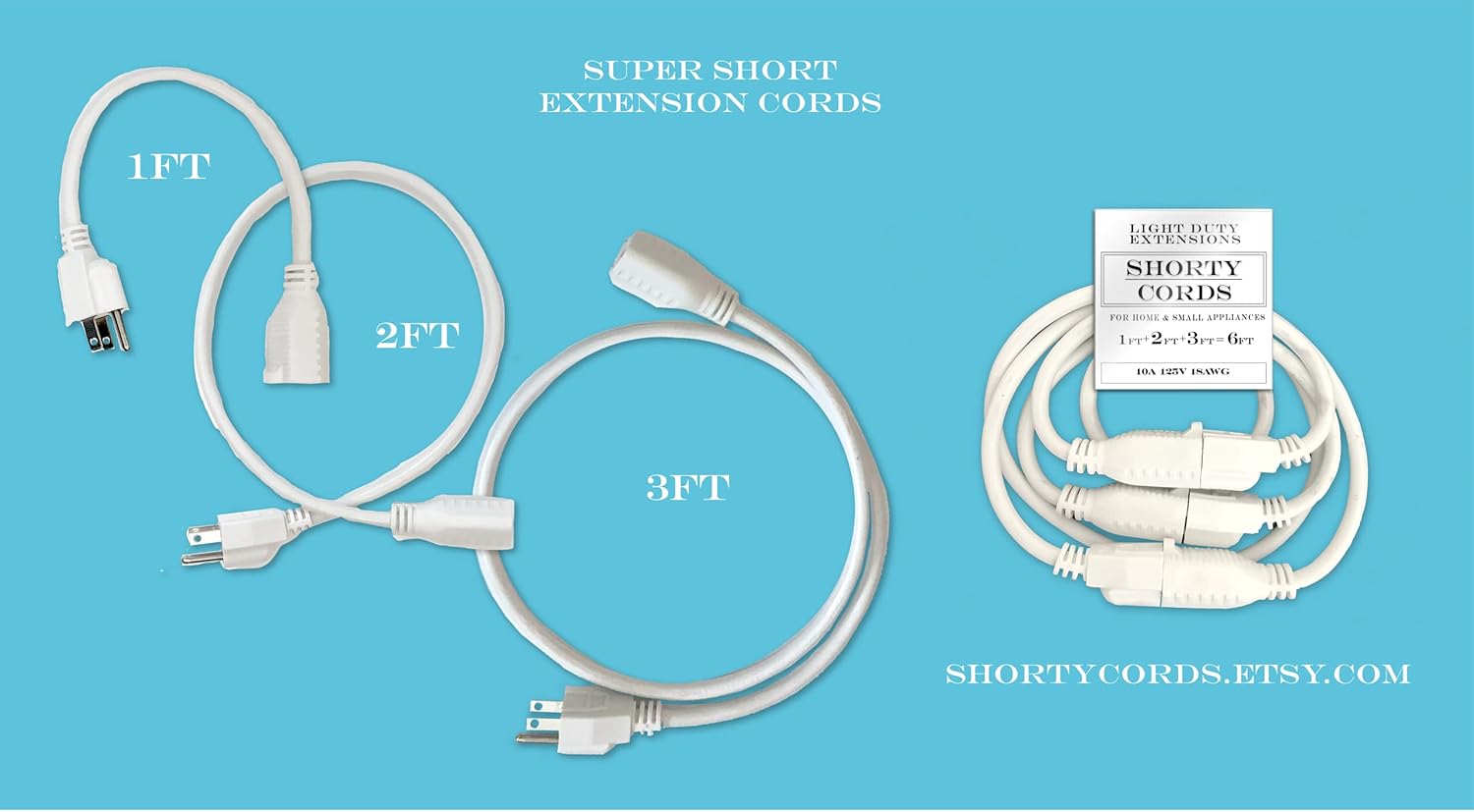 Short Extension 3 Cord Designer Combo- $19.95+Tax/Ship Set of 1, 2 and 3ft Lengths. Eliminates Excess tangles of Long Cords. Custom fit or Combine for 6ft Reach. 10A 125V 16AWG