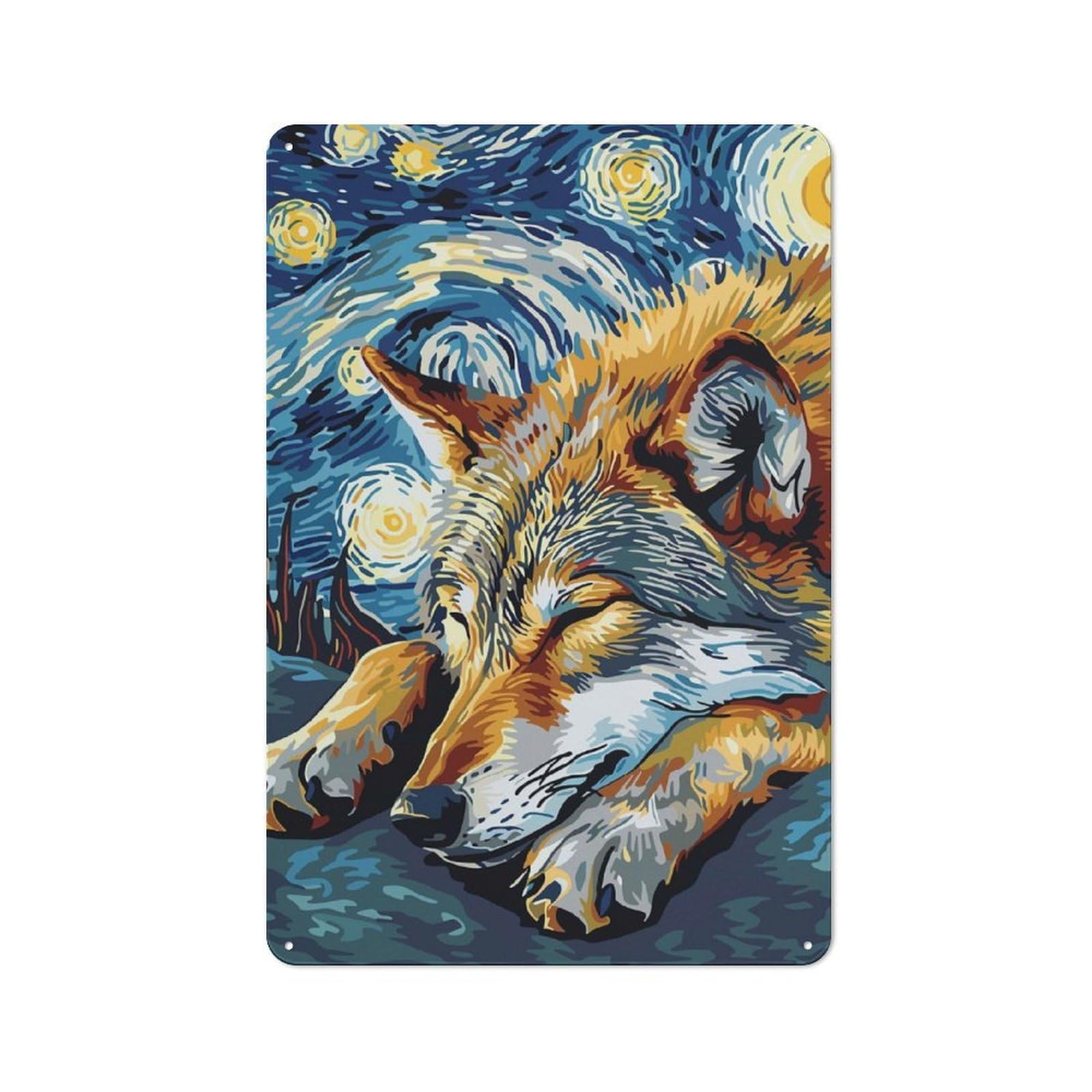 Junmoney Wolf In Starry Night Style Vintage Tin Sign 30X20cm For Garden Room Or Summerhouse, For A Newly Organised Room And Metal Sign Display
