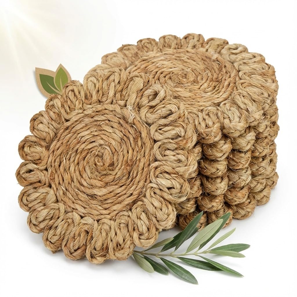 PRONOIA Handmade Braided Jute Round Coasters Pack of 6 | 4 Inch (10 cm) | Natural Eco-Friendly Jute Drink Coasters for Stylish Home Décor-image-46