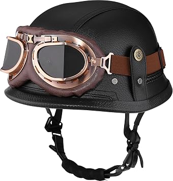 Yesmotor Motorcycle Half Helmet Retro German Handmade Leather Half Face Quick Release Buckle & Goggles - DOT Approved Black, M