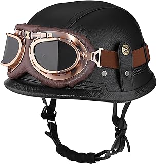 Motorcycle Half Helmet Retro German Handmade Leather Half Face Quick Release Buckle & Goggles - DOT Approved (Black, M)