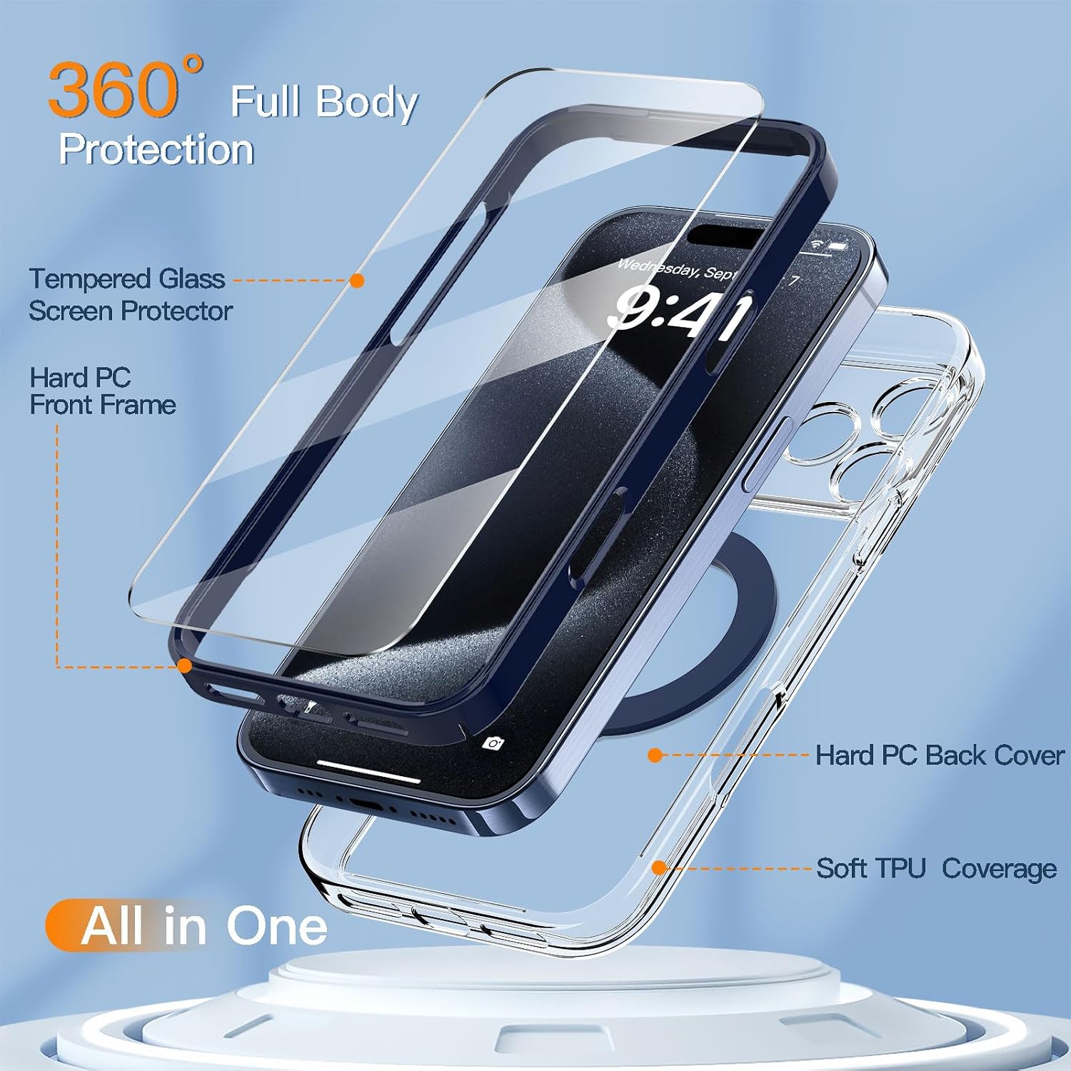 Magnetic for iPhone 17 Pro Max Case Non-Yellowing [2 x Screen Protector] Compatible with MagSafe Military Grade 17 FT Drop Shockproof Full Camera Protection 360° Spin Stand Phone Cover Blue