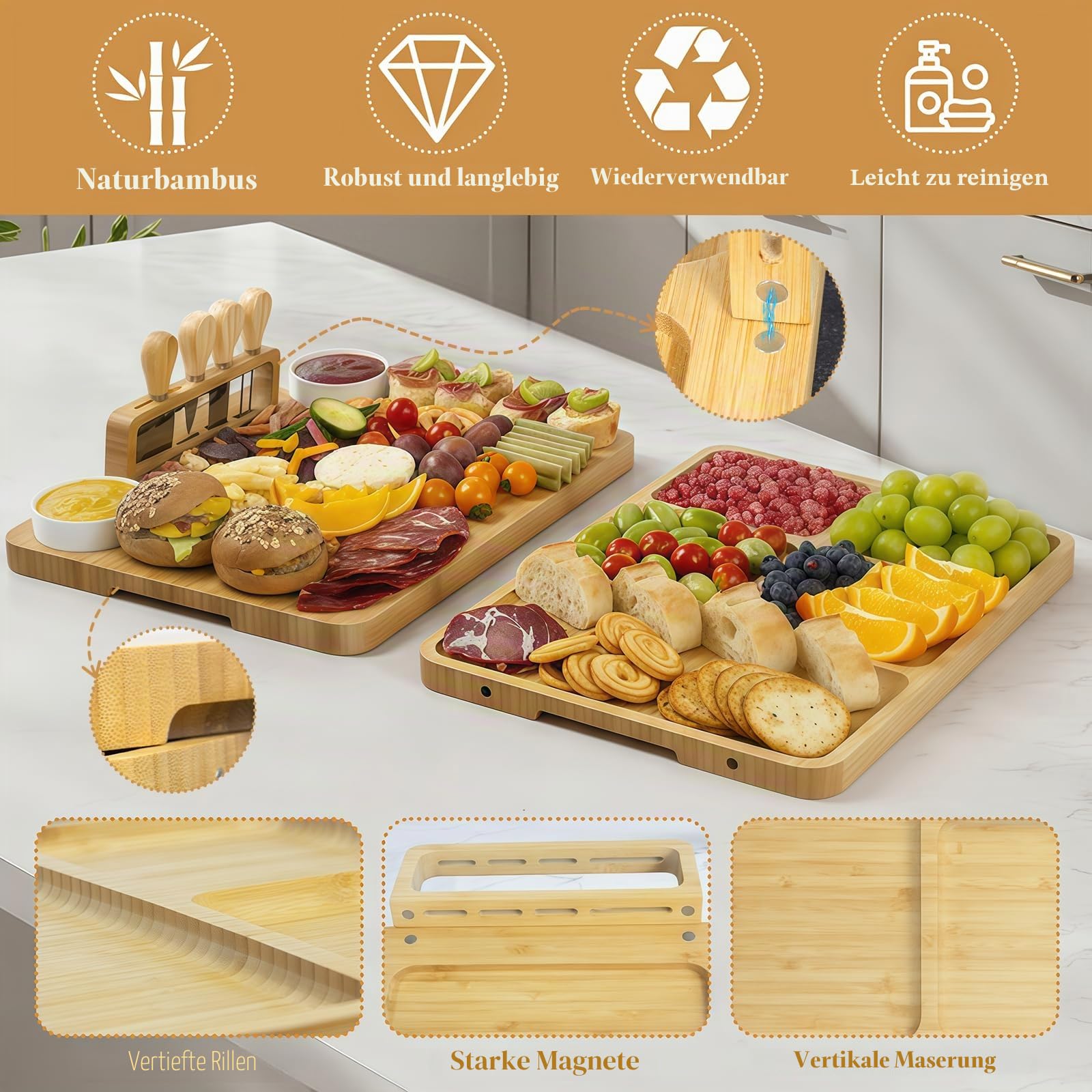 Bambus Charcuterie Board Set 40x30x2 cm Käsebrett mit Messern