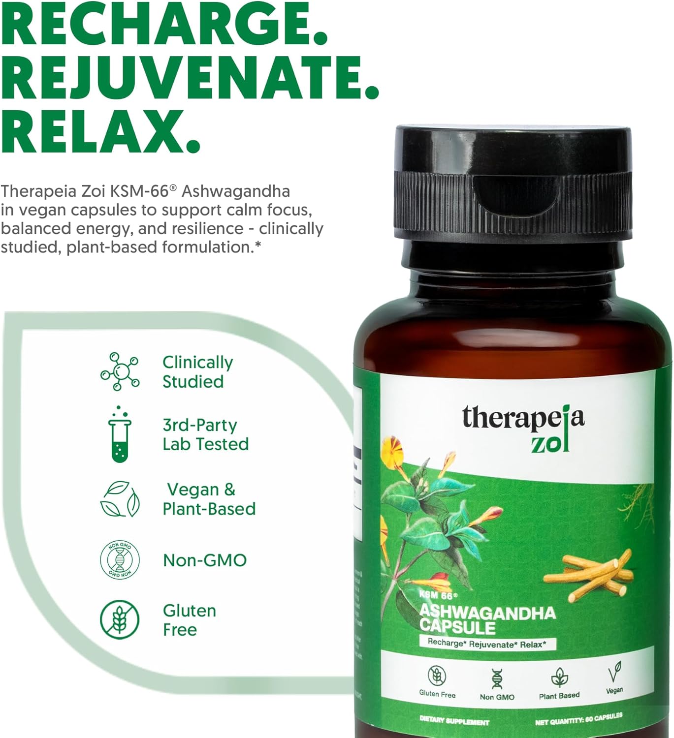 Ashwagandha KSM-66 Capsules for Men and Women - Ashwagandha Supplements for Stress Support, Calm Mood, Relaxation and Sleep - Premium Herbal Supplements, Vegan, Non-GMO, 60 Count