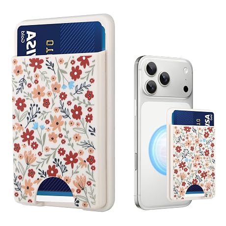 Marphe Stronger Magnetic Card Slot Wallet for iPhone 17/16/15/14/13/12 Series (Not for 13/12 Mini), Floral Pattern Hard Card Holder Fit 3 Cards Compatible with Magsafe Accessories, White