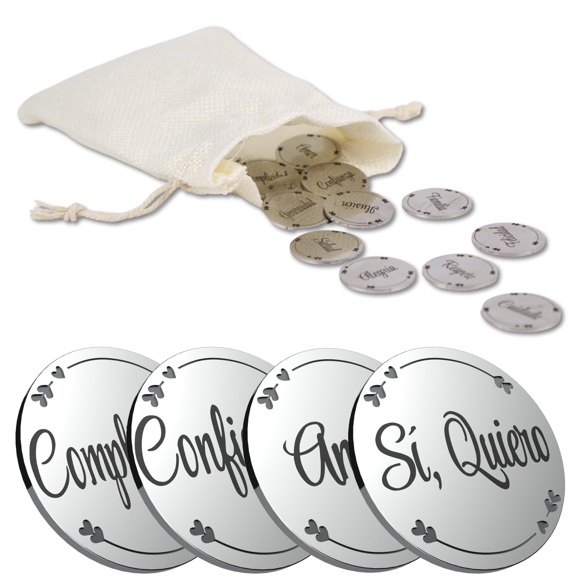 Arras de Boda - 13 Monedas de Acero Inoxidable, 2.5 cm, con Bolsa de Regalo, Grabado Láser de Palabras de Amor (Modelo Fornitura de Corazon, Sin Personalizar la Trasera)