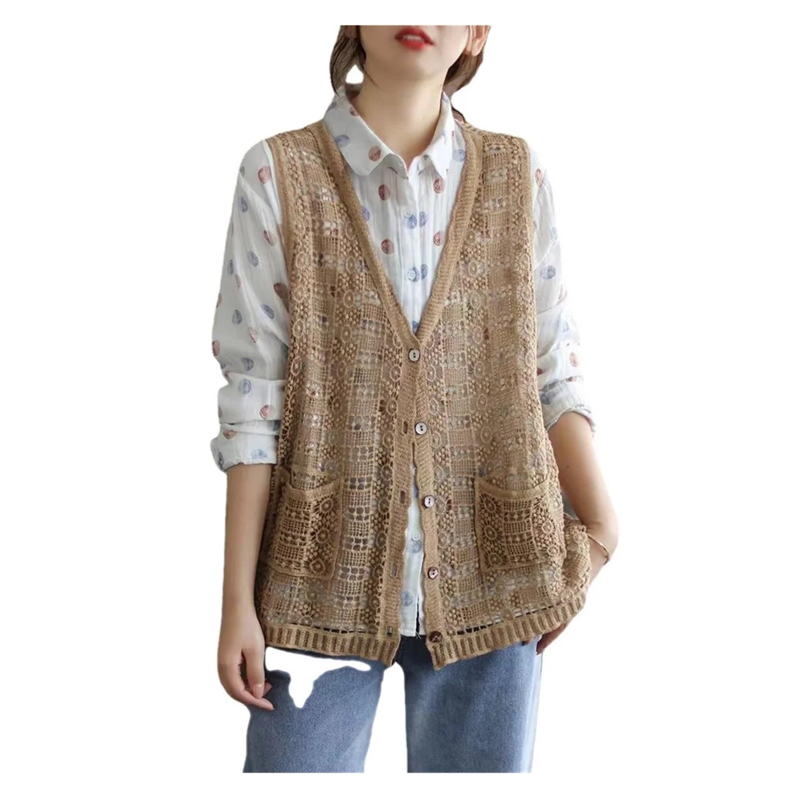 Gilet da Donna in Pizzo Cardigan all'Uncinetto Cavo con Scollo a V