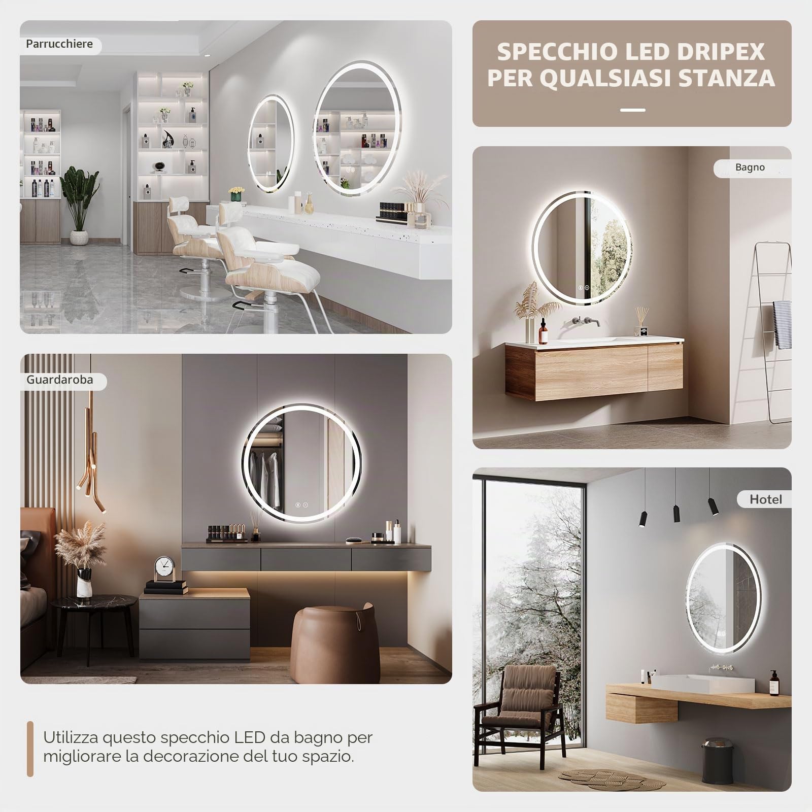 Dripex Rotondo Specchio da bagno con illuminazione 70cm Luce Specchio con altoparlante Bluetooth Anti-Nebbia Led Specchio Bagno con 3 Temperature Colore e Dimmerabile Smart Touch IP44