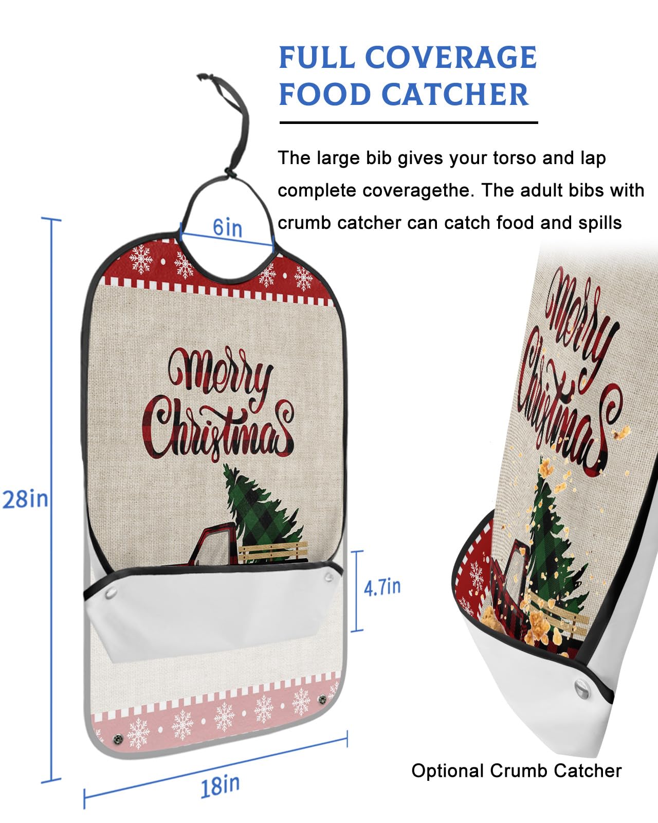 Christmas Truck Adult Bibs for Eating, Waterproof Bibs with Food Catcher & Adjustable Snap Closure, Xmas Tree Winter Snowflake Linen Texture Clothing Protectors Adult Bibs for Elderly Women/Men