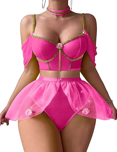Mixxmix Lingerie Sets for Women Sexy Princess Costumes Cosplay Outfits Halloween Lingerie Roleplay with Bra and Panty - Rose Red - XX-Large