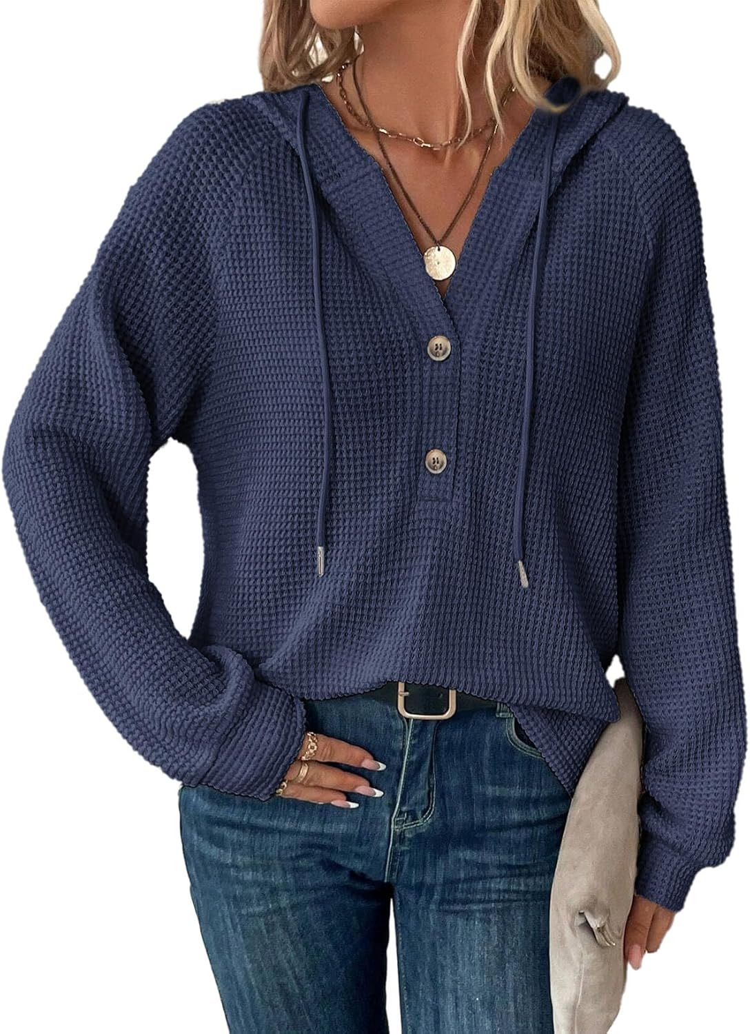 BLENCOT Hoodies for Womens Waffle Knit Button Long Sleeve Drawstring V Neck Casual Pullover Sweatshirts Hooded Blouses - Image 2